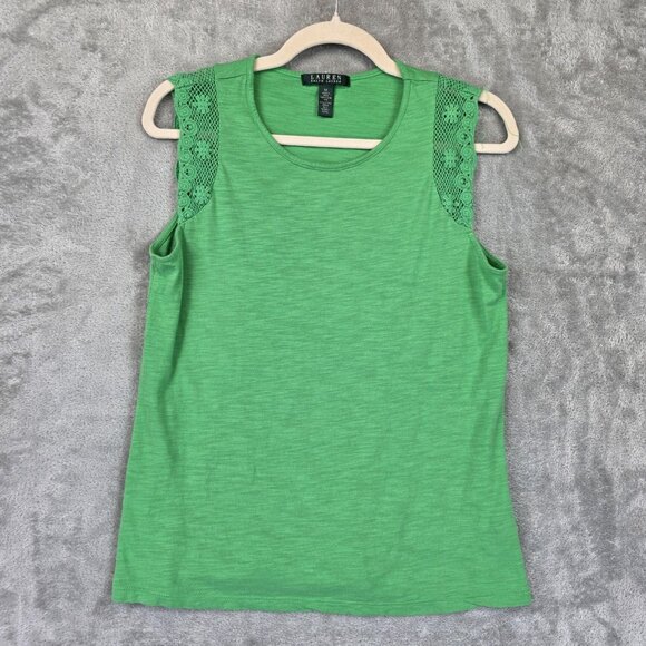 Lauren Ralph Lauren Tank Top Womens Medium Green Lace Shoulder Sleeveless Knit - Picture 1 of 10